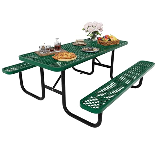 6FT Rectangular Metal Picnic Table for Outdoors, Commercial Steel Metal Picnic Tables, Heavy Duty Sturdy Picnic Tables Furniture Set for Patio Garden Courtyard BBQ, with Umbrella Hole, Green - color: Green, size: 6FT Rectangular