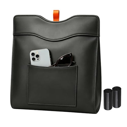 COZILO Leather Car Trash Can, Leak-Proof Odor-Lock Car Garbage Can with 60 Liners, Magnetic Closure, Liner-Hold Design, Storage Pocket & Metal Hooks, Hanging Car Trash Bin for SUV Sedan Truck - color: Carbon Black