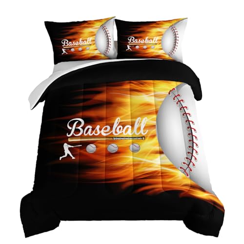 HOSIMA Baseball Comforter Set for Boys Teens Bedroom Decor, Baseball and Fire Black Comforter Set Queen Size,Boys Sport Baseball Comforter Set with 2Pillowcases,Baseball Player Bedding Set. - color: Black-a, size: Queen