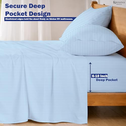 KRISHNA Queen Size 4 Piece Egyptian Cotton Sheet Set, Luxury Hotel Quality Light Blue Stripe Bed Sheets, Soft Breathable Cooling Bedding, 6-10 Inch Deep Pocket Fitted Sheet - color: Light Blue Stripe, size: Queen : 60" x 80"