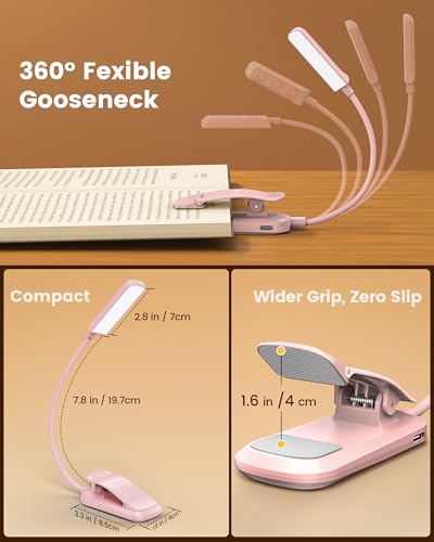 Glocusent 13 LED Rechargeable Book Light for Reading at Night, Eye-Caring 3 Amber Colors & Stepless Dimming, Lasts 1 Week to 2 Months, Travel Clip on Lamp, Gifts for Book Lovers, Men, Women & Kids - color: Pink