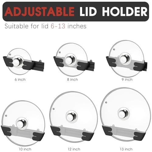 Adjustable Universal Pot Lid Holder Organizer for Cabinet - Upgraded Patented 3 Pack Pan Lids Organizers Inside Door Wall Mount Pots Top Rack for Kitchen Cupboard Fit 6" to 13" (Black) - size: 3Pack-Black