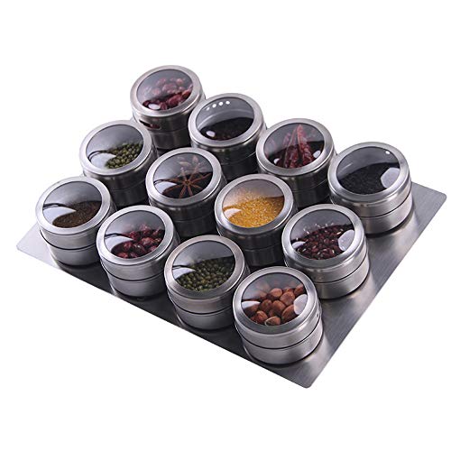 12 Magnetic Spice Jar Containers Spice Tins - Wall Mounted Stainless Steel Base - Easy to Install - color: 12 MAGNETIC SPICE TINS WITH WALL PLATES