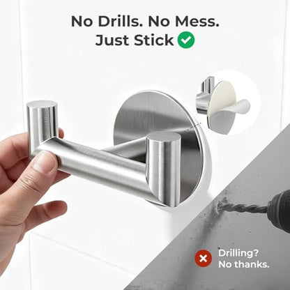 GWAAZXGZ 2 Pack Brushed Nickel Bathroom Hooks for Towels - Self Adhesive Double Hooks for Wall, No Drilling, Stainless Steel 304, Strong Hold for Robes, Coats, Shower Use - color: Silver