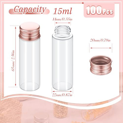 Didaey 100 Pcs Small Clear Vials Spice Mini Jars with Lids Mini Glass Bottles with Screw Aluminum Metal Caps Tiny Jars Sample Containers for Powder Cream Cosmetic Jewelry Wedding (15 ml,Rose Gold) - color: Rose Gold, size: 15 ml