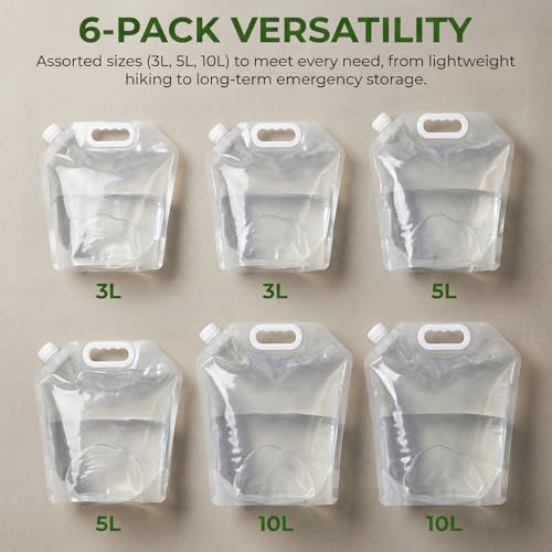 6 Pack Collapsible Water Container Set (2x10L, 2x5L, 2x3L),Food Grade Water Storage Jugs for Camping, Hiking, Hurricane Emergency Kit, Leakproof Portable Water Carrier Bag & Tank