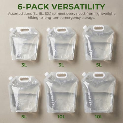 6 Pack Collapsible Water Container Set (2x10L, 2x5L, 2x3L),Food Grade Water Storage Jugs for Camping, Hiking, Hurricane Emergency Kit, Leakproof Portable Water Carrier Bag & Tank