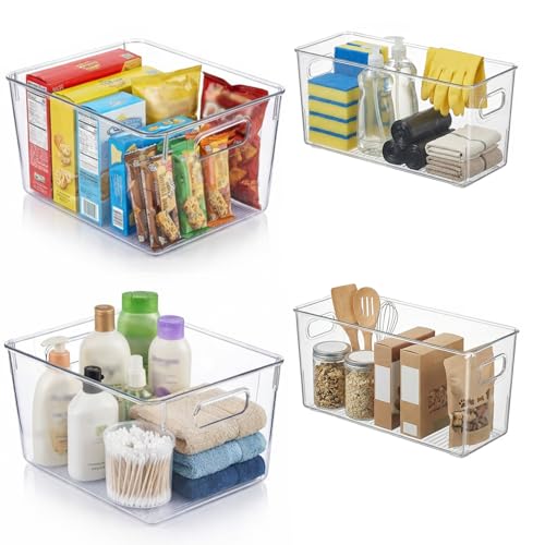 MOONEDGE Set of 4 Clear Plastic Organizer Bins, 2 Large & 2 Small Storage Bins for Pantry, Nestable Space-Saving Containers for Cabinets, Under-Sink, Bathroom, Kitchen & Freezer Organization - color: 2 PK & Small 2 PK