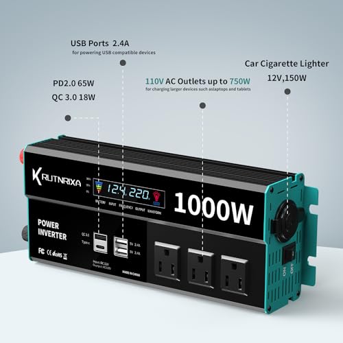 1000W Power Inverters 12V DC to 110V AC Converter for Vehicles USB-C/PD 25 Watts Fast Charging Ports Car Charger Adapter with a Cigarette Lighter Ports Plug Outlet - size: Modified sine wave-1000W