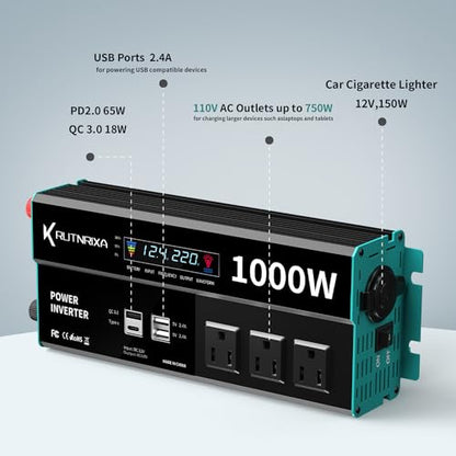 1000W Power Inverters 12V DC to 110V AC Converter for Vehicles USB-C/PD 25 Watts Fast Charging Ports Car Charger Adapter with a Cigarette Lighter Ports Plug Outlet - size: Modified sine wave-1000W