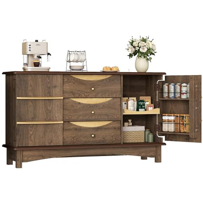 STO'SENSE Buffet Cabinet with Stroage, Large Sideboard Buffet Cabinet w/ 3 Drawers, Solid Wood Handle, Modern Coffee Bar Station w/ 2 Doors, Concealed Storage Shelves & Sliding Tray (Walnut)