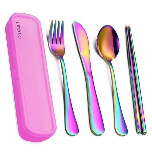 Travel Utensils with Case, Stainless Steel Portable Cutlery Set, Lunch Box Silverware for Work Camping Picnic, Reinforced Case with Snap-Lock Closure, Include Fork Spoon Knife Chopsticks, Rainbow - color: Rainbow