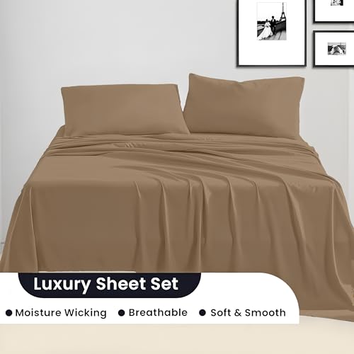 SGI bedding Queen Bed Sheets Set – Premium 600 TC Egyptian Cotton, Crisp & Cooling Sateen Weave, Extra Soft Hotel Collection, Fits Mattresses Up to 16 Inch Deep, Breathable & Long Lasting – Taupe - color: 04 - Taupe, size: Queen