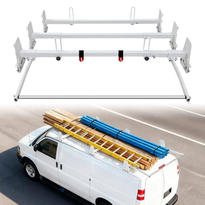 Van Roof Ladder Rack Fit for 1996-2025 Chevy Express 1500/2500/3500 Vans, with Rear Roller, 850 lbs Heavy Duty, 3 Adjustable Crossbars (48"-67"), Rain Gutter Mounts, No Drill