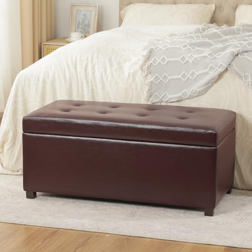 Asense Storage Ottoman Bench,Faux Leather Upholstered Ottoman with Storage,End of Bed Bench with Safety Hinge Wooden Legs,for Entryway,Bedroom,Living Room - color: 37" Dark Chocolate Faux Leather