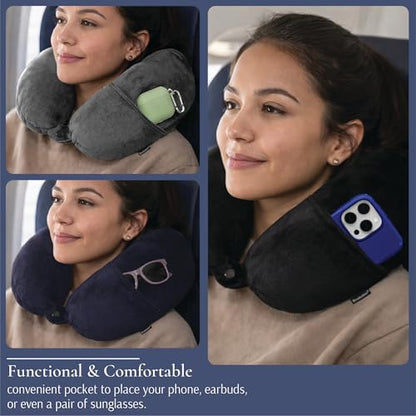 Brookstone Microbead Neck Pillow - Super Soft Cozy Lightweight Plush Travel Pillow with Phone or Headphone Pocket, Black - color: Black