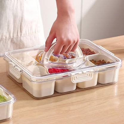 Divided Snackle Box with Handle Food Serving Tray Charcuterie Board with Lid Stackable Fruit&Veggie Container with 8 Small with Removable Boxes for Travel Snack Candy Nuts Spice - size: 1Pack with 8 dividers