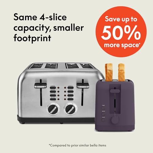 bella 4 Slice Slim Toaster, Fits-anywhere™ Kitchenware, 6 Setting Shade Control with Reheat & Cancel Buttons, Fits Sourdough, 10” Long Slot, Anti Jam & Auto Shutoff, 900 Watt, Plum - color: Plum, size: 4 Slice