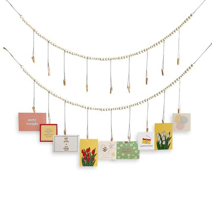 Kuailiahai 2pcs Hanging Photo Display Wooden Beads Wall Decor with 18 Wooden Clips, 57inches Boho Clip Photo Holders for Bedroom, Living Room Decor, Teen Girl Gifts