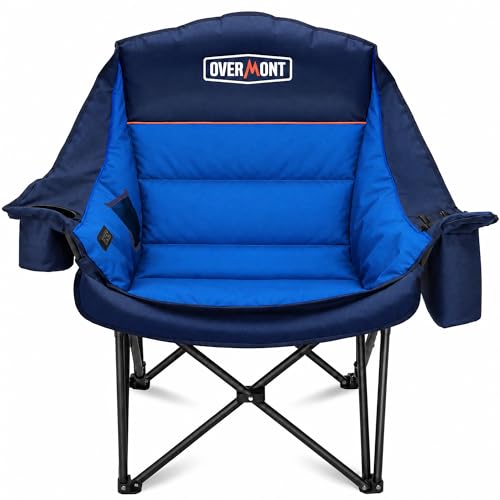 Overmont Gentle Heated Oversized Camping Chair for Adults - 3 Levels Seat & Back Separately Control - 500lbs Support Heavy Duty Padded Folding Chair Outdoor Garden Portable - Battery NOT Included - color: Blue