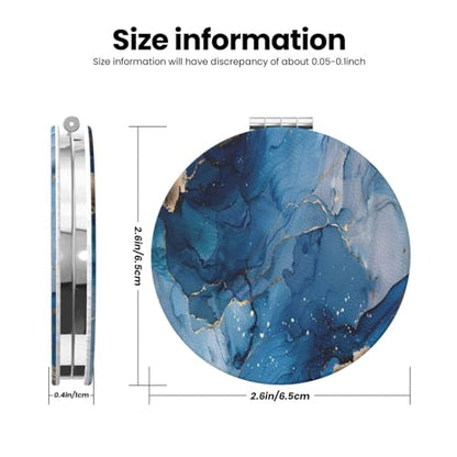 Navy Blue Gold Marble Agate Style Print Foldable Travel Pocket Mirror Round PU Leather Portable Mini Makeup Double Sided Handheld Magnifying,2.6 in - color: Navy Blue Gold Marble Agate Style