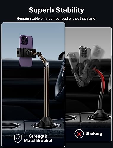 JSAUX Car Cup Holder Cellphone Mount, Metal Long-Arm Ultra Stable Phone Holder for Car Cupholders - Adjustable for iPhone 16 15 Pro Max 13 12 11, Samsung Galaxy S24 S23 Ultra, Google Pixel 9 Pro - color: ClipMount
