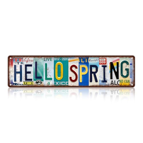 Vintage Hello Spring Metal Tin Signs Street Signs | Man Cave Wall Decor 16 x 4 Inches - color: Hello Spring