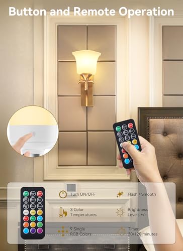 Minetom E26 Rechargeable Light Bulbs with Remote and Timer, Battery Backup Bulb with 12 Colors and Brightness Dimmable, 2300mAh 40W Equivalent LED Light Bulbs for Lamps Sconces Camping, 4 Pack - size: 4 Pack