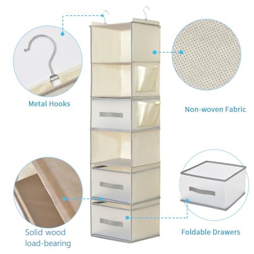 6-Tier Hanging Closet Organizer with 3Drawers and Side Pockets-Multi-FunctionalStorage for Shoes, Belts, Purses, and Clothing - color: 6-shelf -Beige