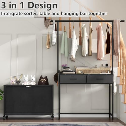 STIKELY Laundry Sorter Hamper with Hanging Cloth Rack, Laundry Basket with 3 Section Pull-Out Rolling Bags, Laundry Sorter for Organization and Storage with 2 Drawers for Laundry Room (Vinatge Brown)
