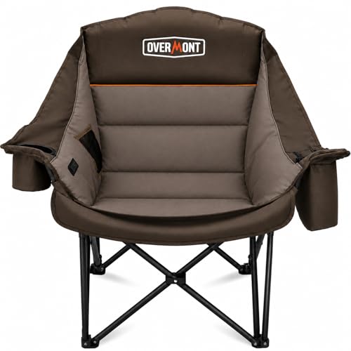 Overmont Gentle Heated Oversized Camping Chair for Adults - 3 Levels Seat & Back Separately Control - 500lbs Support Heavy Duty Padded Folding Chair Outdoor Garden Portable - Battery NOT Included - color: Khaki
