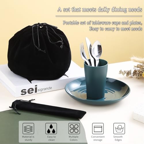 Evanda Camping Cutlery Set, Reusable Light Weight Mug, Plate and Stainless Steel Cutlery Set with Black Bag, Dishwasher Safe - color: 1.1 Person