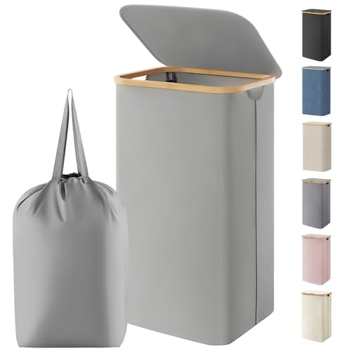 Lifewit 100L Laundry Basket with Lid, Clothes Hampers for Laundry with Bamboo Handles and 1 Removable Bag, Large Foldable Laundry Hamper for Bedroom, Bathroom, Dorm, Laundry Room, Silver Grey - color: Silver Grey, size: 100L