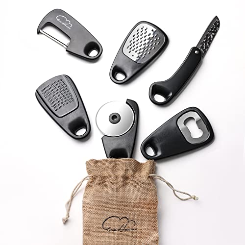 Kitchen Gadgets Set 6 Piece, Space Saving Kitchen Utensils Stainless Steel Accessories Cheese Grater, Bottle Opener, Pizza Cutter, Vegetable Peeler, Paring Knife, Garlic Grinder, Burlap Bag Gift(BLK) - color: Classical Black 6pcs
