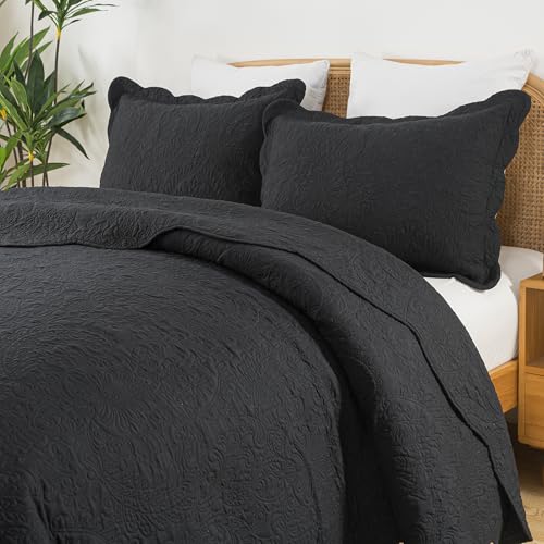 HoneiLife Queen Quilt Bedding Set - Microfiber Quilt Sets for Queen Bed, 3-Piece Lightweight Bedspreads,Reversible Coverlets Rustic Bedlinen Sets, Floral Bedding Set All Season Quilts-Black - color: Black, size: Queen/Full-90"x96"