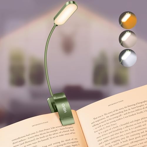 Gritin 16 LED Rechargeable Book Light for Reading in Bed- Eye Caring 3 Color Temperatures, Stepless Dimming Brightness, 80 Hrs Runtime, Lightweight Flexible Clip on Light for Book Lovers-Dark Green | Eye Caring 3 Color Temperatures, Stepless Dimming Brigh
