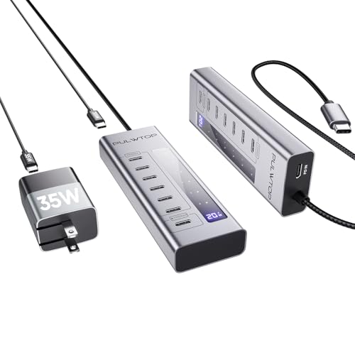 Powered USB C Hub, PULWTOP 7 in 1 USB C Hub Support Data 10Gbps & Charging(Not Support Video), USB C Powered Hub 10Gbps Ports for iMac, MacBook Pro/Air, iPad, XPS, USB Hub with 35W PD Power Adapter
