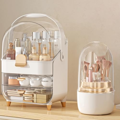 Makeup Organizer Countertop, Skincare Holder Bathroom Counter Organizer, Storage Box Cosmetic Display Cases, Teen Girl Gifts Make up Organizers (White/Brush) - color: White/Brush