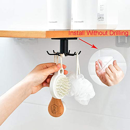 2pcs Under Cabinet Kitchen Utensil Hooks,360° Rotating Drilling Free Adhesive Utensils Hanging Rack for Tools/Towel/Knife (Black) - color: Black