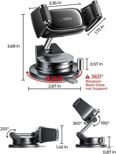 LISEN Suction Phone Mount for Car, [Ultra Suction & 95% Cases Friendly] Car Phone Holder Mount Vacuum Dashboard Phone Holder, Car Cell Phone Holder for iPhone 17 16 15 14 Pro Max Air Galaxy S26 S25