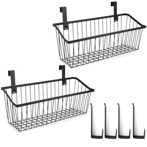LeleCAT Grid Storage Baskets with Hooks, Over Cabinet Door Organizer, Wire Basket Hanging Storage Organizer, Kitchen Bathroom Organizer (Black, Extra Large) - size: Extra Large