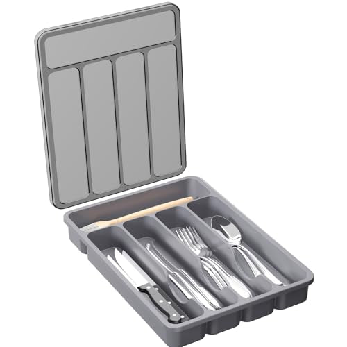 Lifewit Silverware Organizer with Lid, Covered Utensil Tray for Kitchen Drawer and Countertop, Plastic Cutlery and Flatware Storage Box for Spoons Forks Knives Holder Case, 23 x 32 cm, Gray - color: Gray, size: 9.5"L x 12.7"W