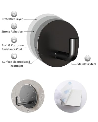 8 Pack Adhesive Towel Hooks for Bathroom, Stick on Hooks Bathroom Kitchen for Walls No Damage, Sticky Hook for Hanging Coat Robe, Black - style: R-Black-90°