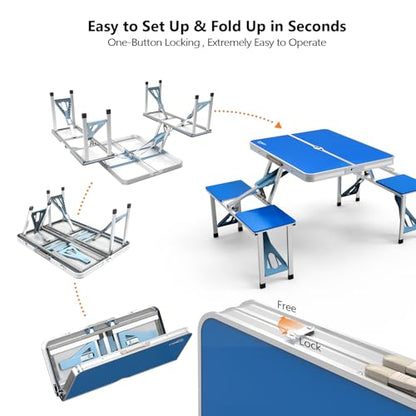 VINGLI 4Ft Portable Folding Picnic Table Camping Table Foldable Set with 4 Seats with Umbrella Hole Suitcase Card Table-220 Lbs Support Aluminum Frame, Plastic RV Tabletop for Yard, Travel-Green - color: Blue