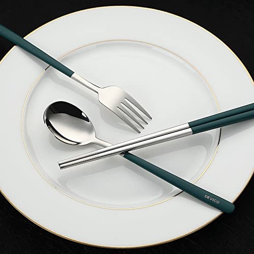 DEVICO Travel Utensils, 18/8 Stainless Steel Portable Reusable Camping Silverware Cutlery Flatware Set, 4-Piece Include Fork Spoon Chopsticks with Case (Dark Green) - color: Dark-green