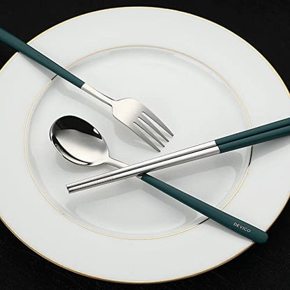 DEVICO Travel Utensils, 18/8 Stainless Steel Portable Reusable Camping Silverware Cutlery Flatware Set, 4-Piece Include Fork Spoon Chopsticks with Case (Dark Green) - color: Dark-green