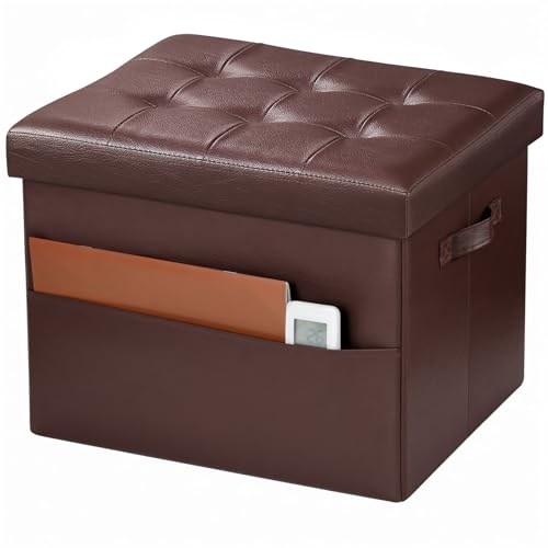 Bsketa Storage Ottoman Foot Rest Stool, Small Leather Storage Ottomans Bench, Folding Foot Stool with Handles Lid, Foot Rest Under Desk for Living Room Bedroom, 17x13x13 in, Brown - color: Brown-1 Pack
