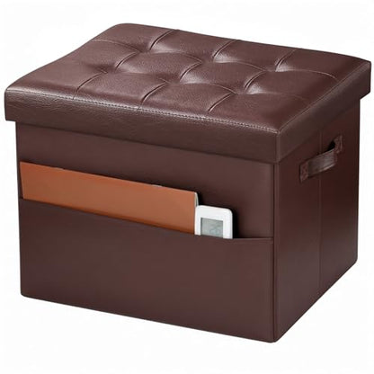 Bsketa Storage Ottoman Foot Rest Stool, Small Leather Storage Ottomans Bench, Folding Foot Stool with Handles Lid, Foot Rest Under Desk for Living Room Bedroom, 17x13x13 in, Brown - color: Brown-1 Pack