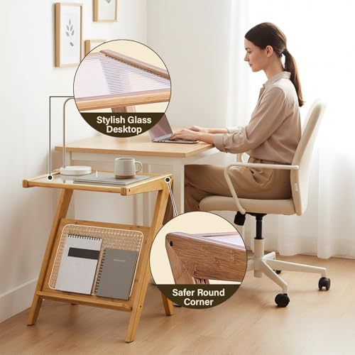 Tiita Rattan Side Table, Mid Century Nightstand, Bamboo Accent Bedside Tables, Glass Coffee Tables, Boho Wooden End Table with Storage for Small Space, Living Room and Bedroom - color: Rattan-s-wood