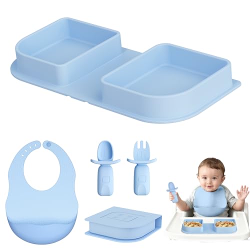 Blue Silicone Foldable Feeding Set, Travel Baby Feeding Supplies Including Toddler Plates, Silicone Baby Spoon&Fork, Adjustable Foldable Bib, Portable Infant Toddler Utensils - color: Blue